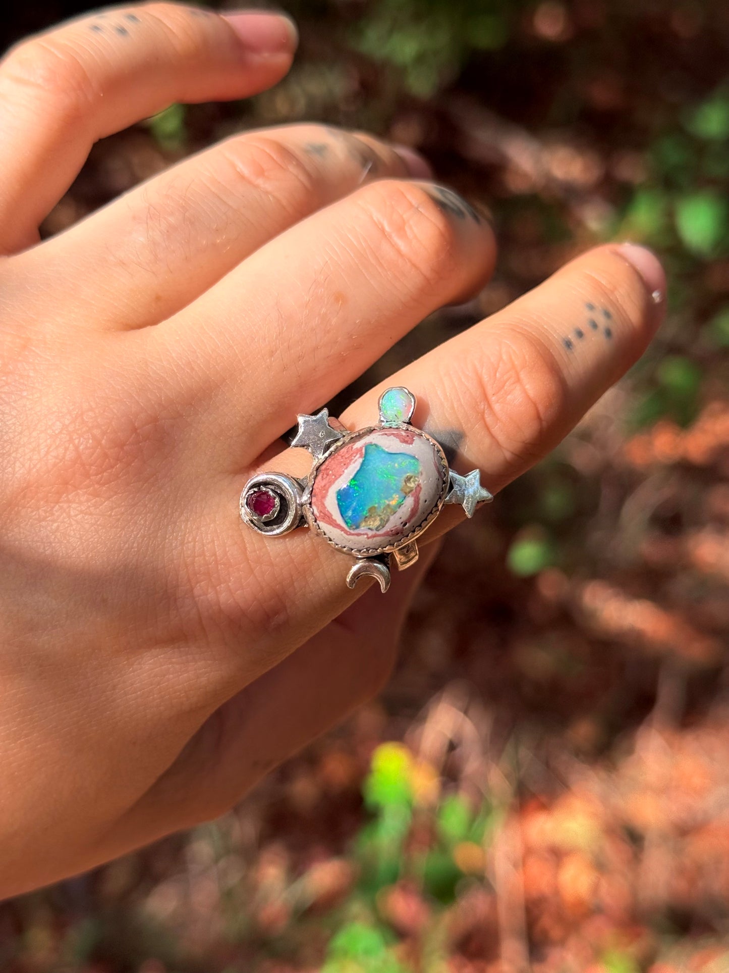 Celestial Goddess Cantera Opal and Ruby Ring size 8.5