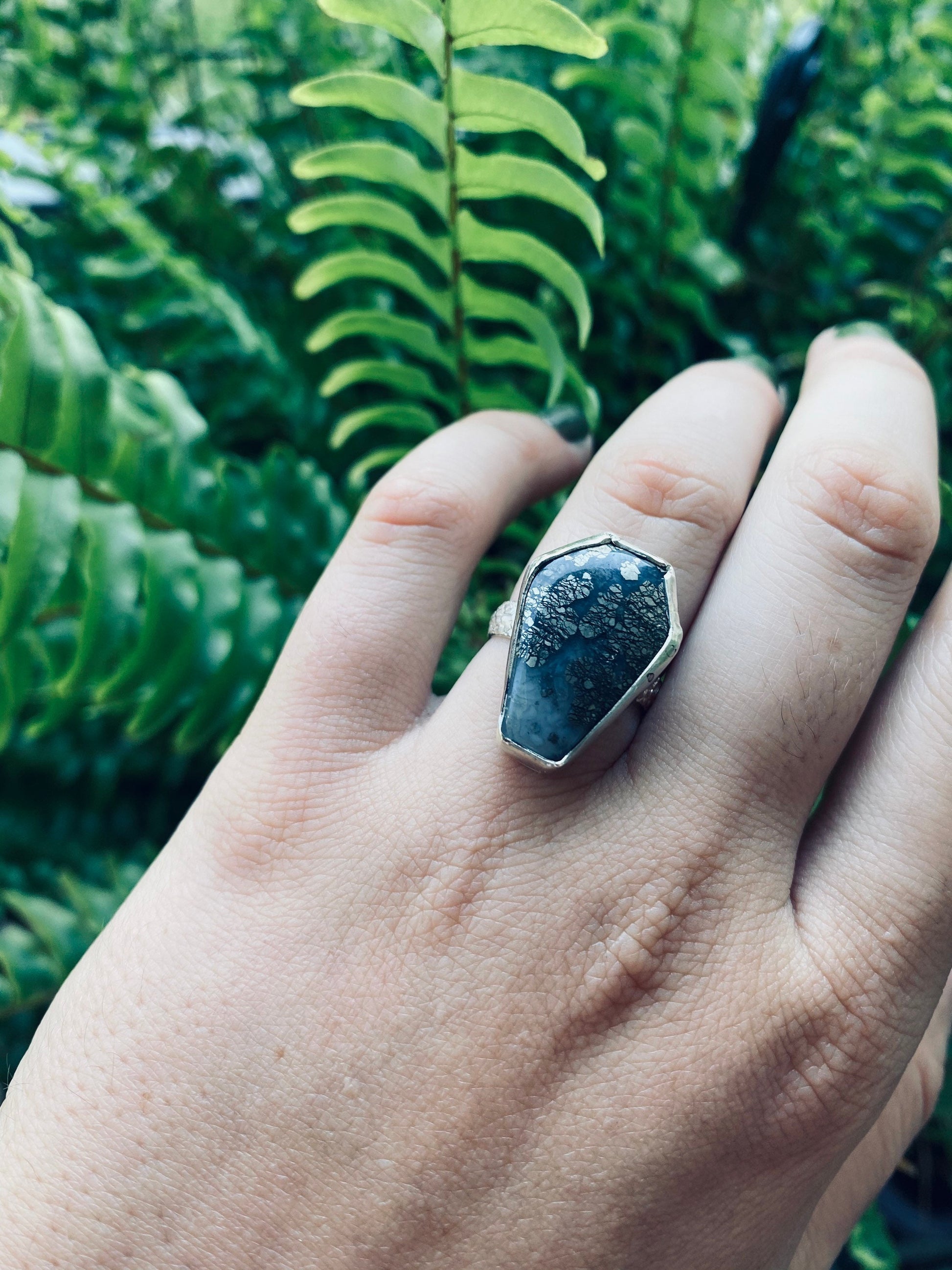 The Coffin Ring • Pyrite Black Tourmaline Tigers Eye Labradorite Agate • Sterling silver Halloween ring