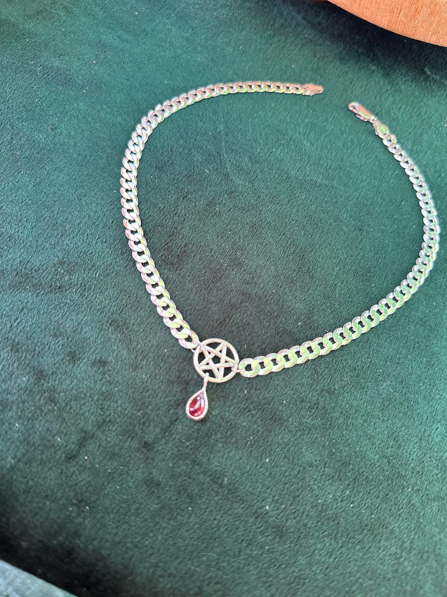One of Pentacles Italian Curb Chain Choker with Garnet Teardrop