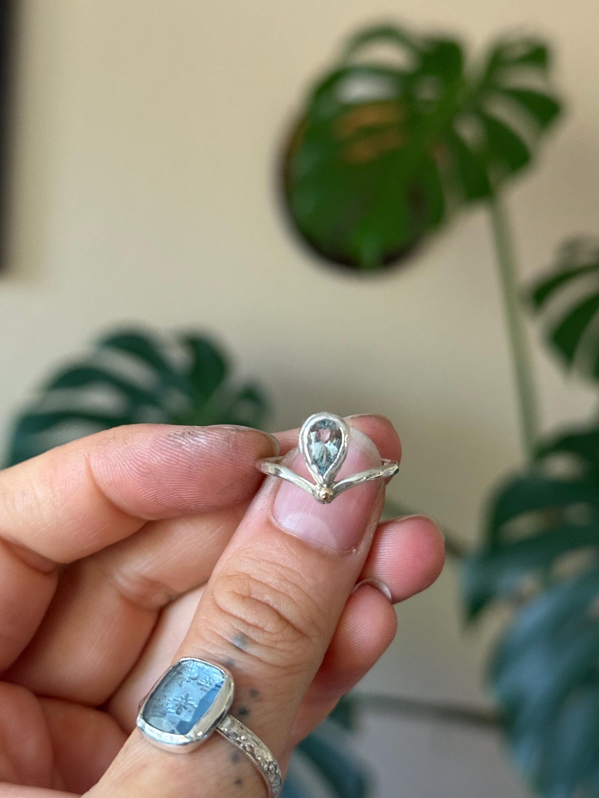 Aquamarine V Ring with 14k gold and silver size 6