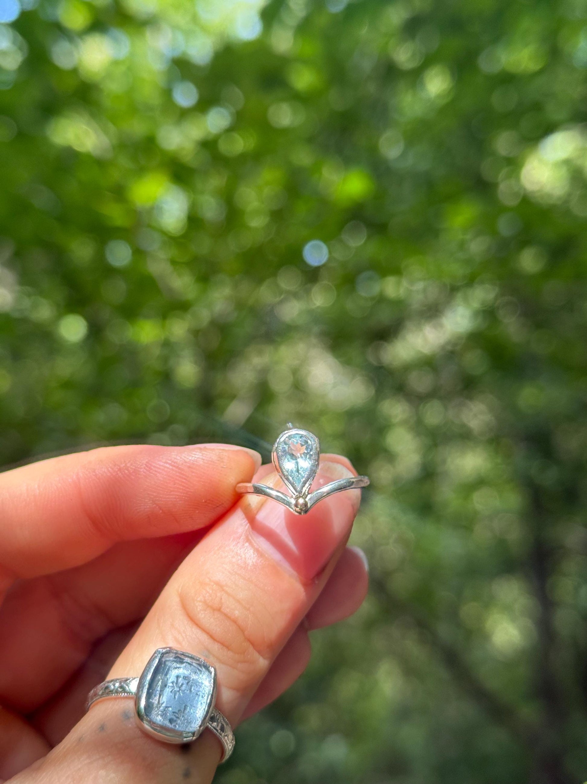 Aquamarine V Ring with 14k gold and silver size 6