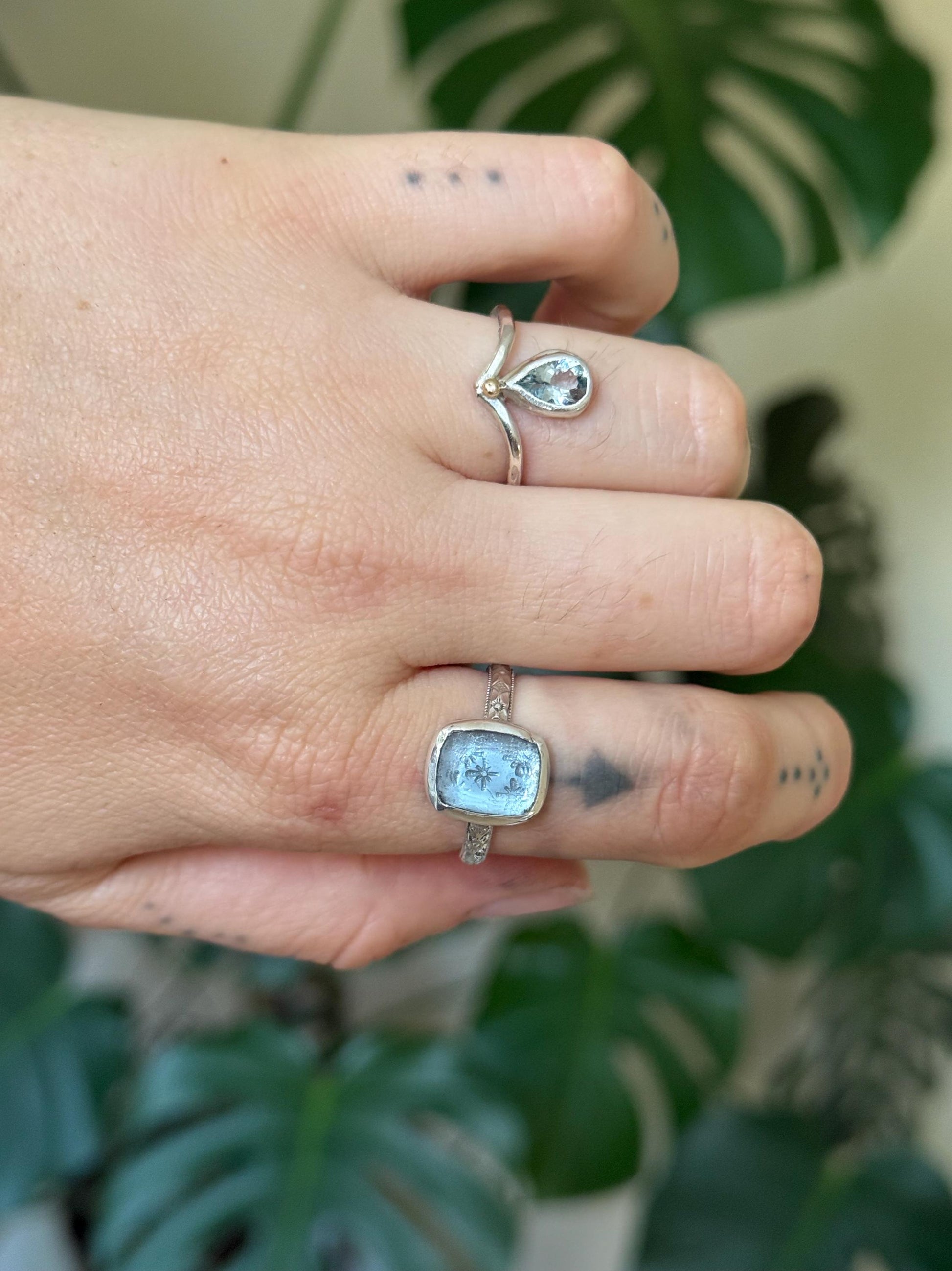 Aquamarine V Ring with 14k gold and silver size 6