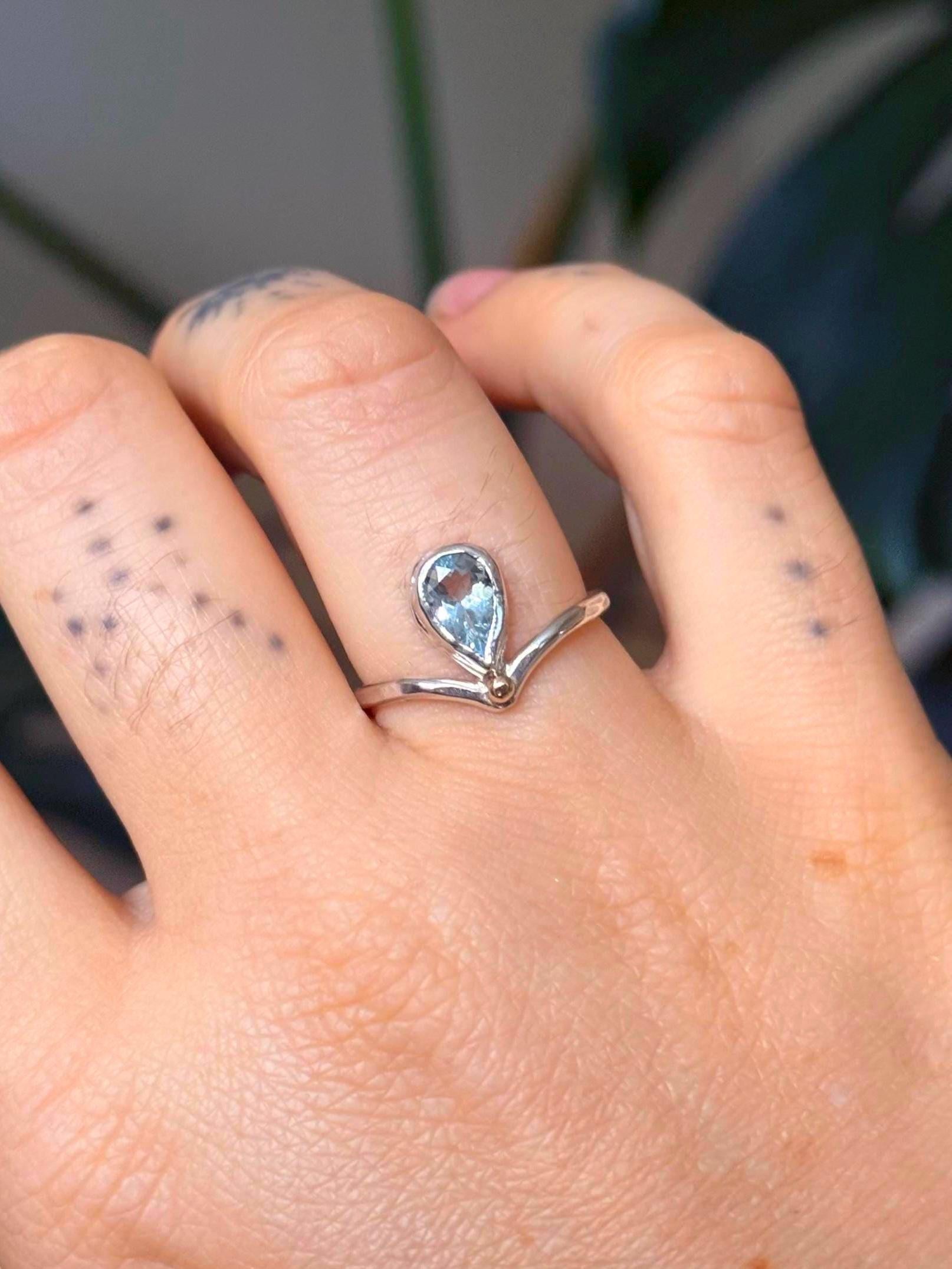Aquamarine V Ring with 14k gold and silver size 6