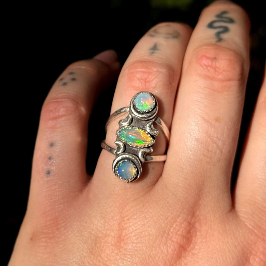 Three Faced Goddess Opal Ring size 6.5 • Welo Opal • Opal Moon ring