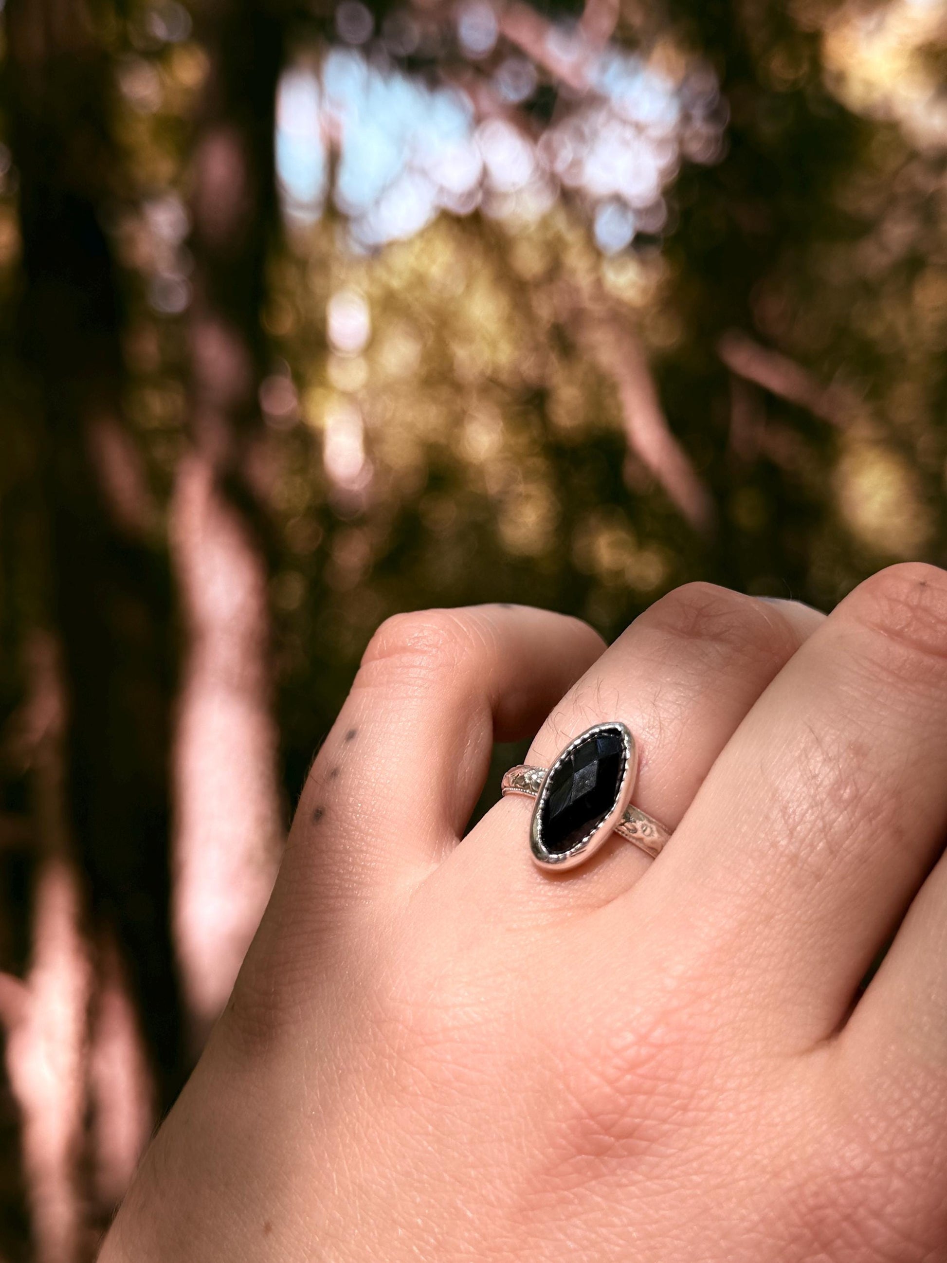 Faceted Onyx Elongated Oval Ring size 5