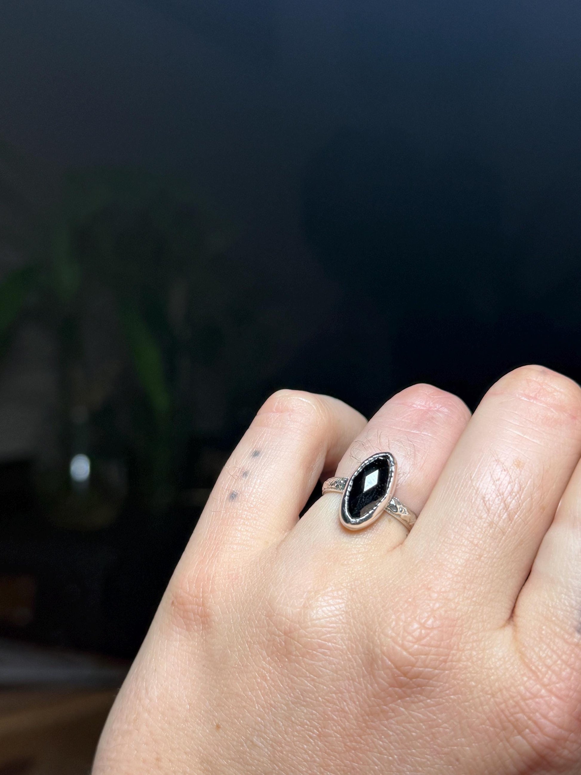 Faceted Onyx Elongated Oval Ring size 5