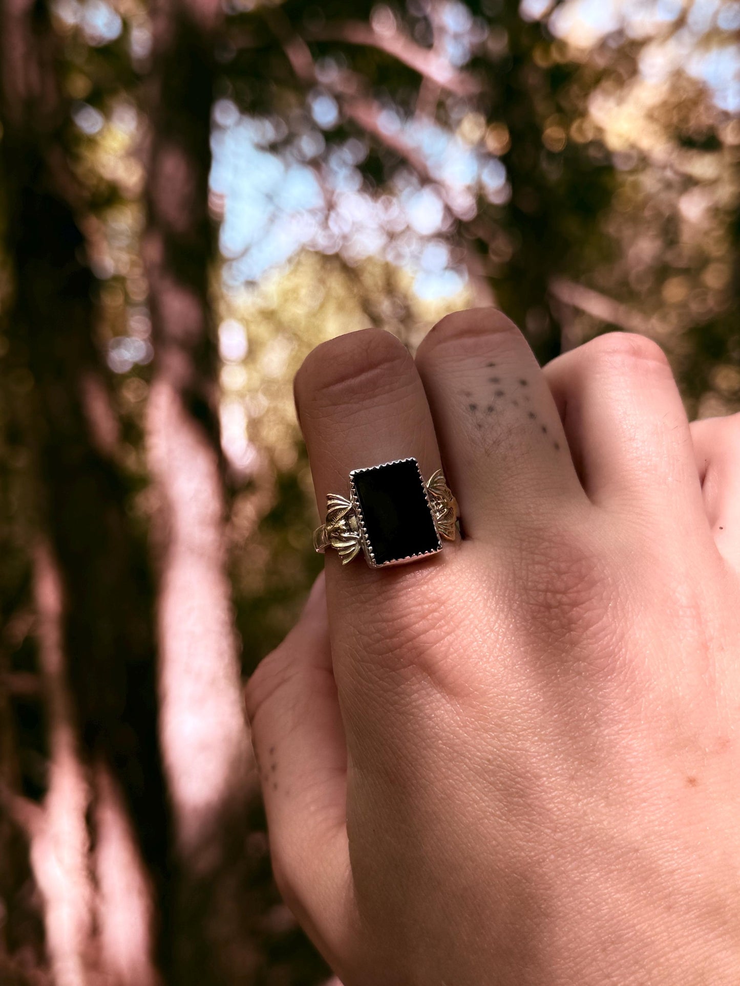 The Vamp Ring - Onyx mixed metal bat ring size 10