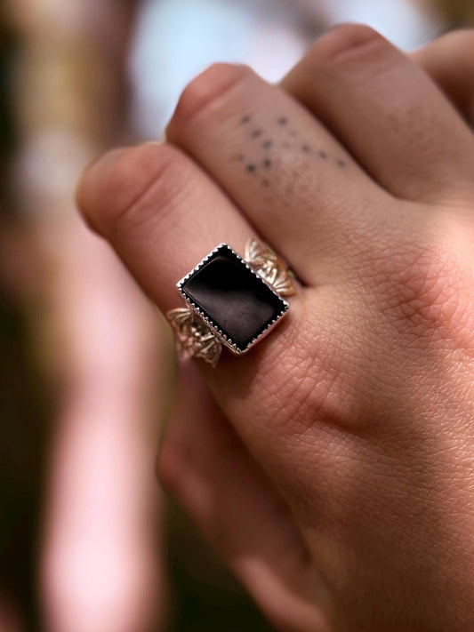 The Vamp Ring - Onyx mixed metal bat ring size 10