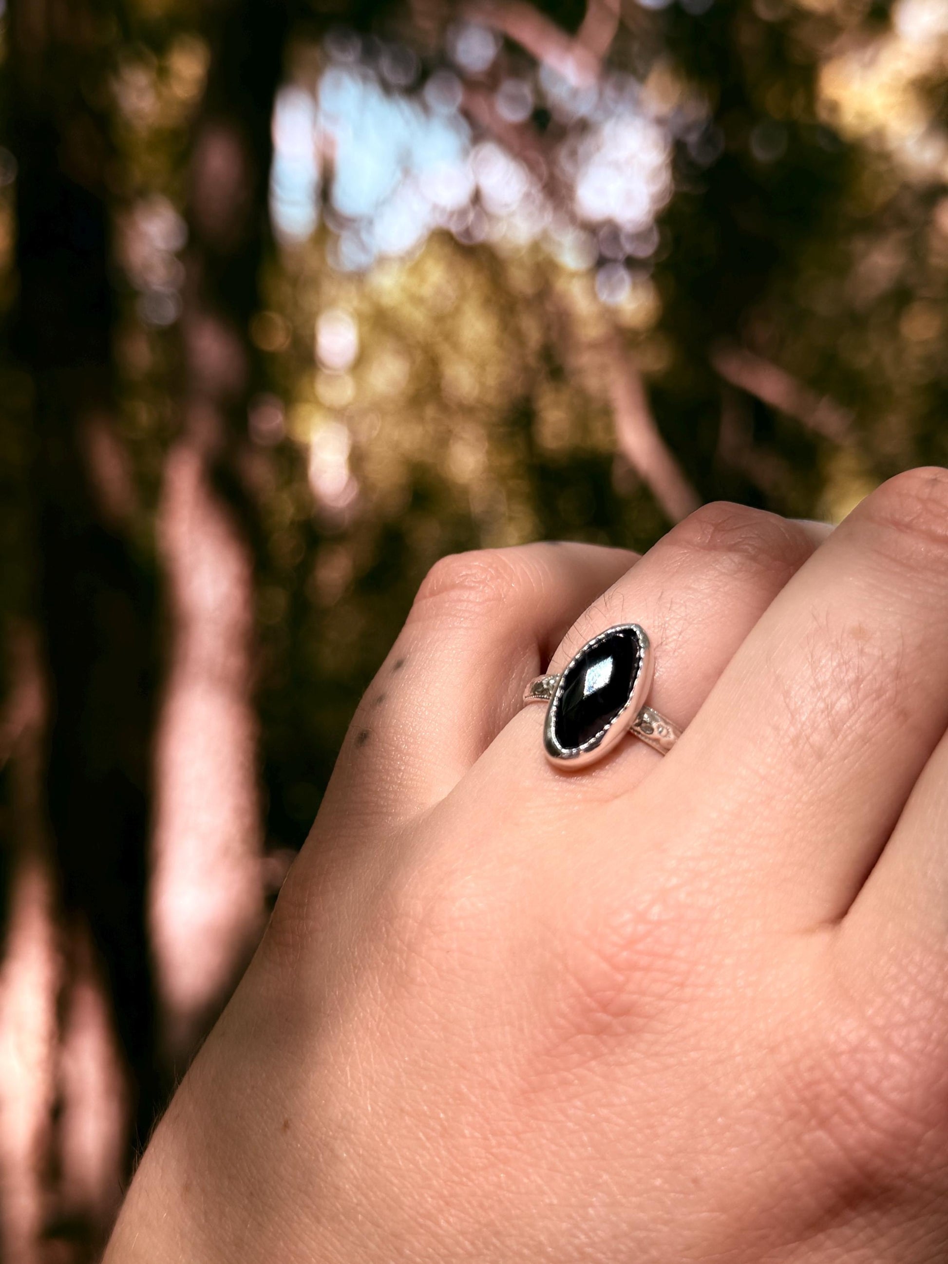 Faceted Onyx Elongated Oval Ring size 5