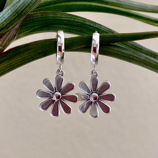Daisy Huggies • Sterling Silver Daisy Hoops • Daisy earrings • Huggies with Charm