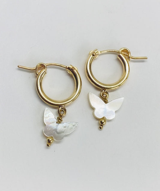 Butterfly 14k Gold Fill Hoops • Gold fill huggies • gold hoops • dainty hoops • mother of Pearl hoops