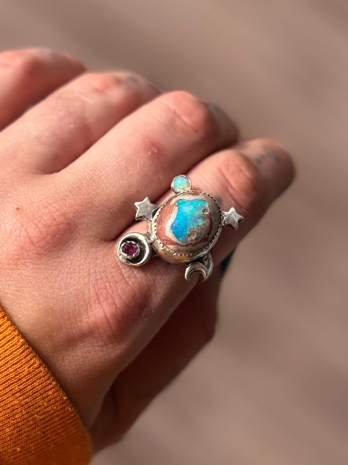 Celestial Goddess Cantera Opal and Ruby Ring size 8.5