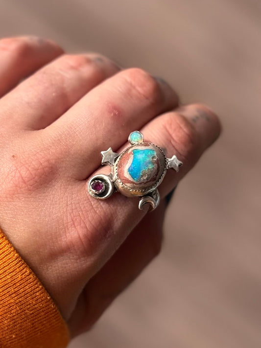 Celestial Goddess Cantera Opal and Ruby Ring size 8.5