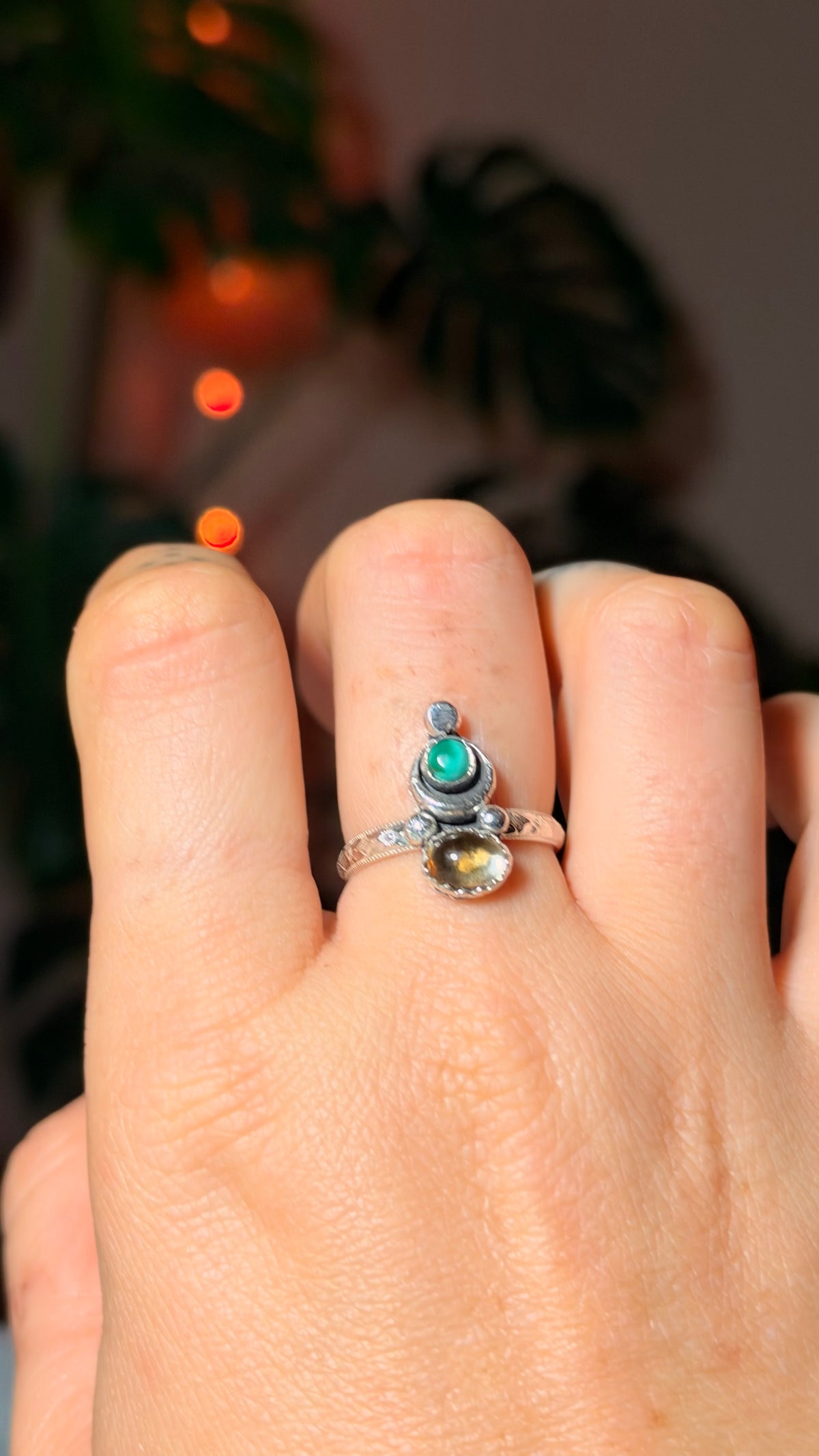 Three Faced Goddess Turquoise and Citrine Ring • Moon ring