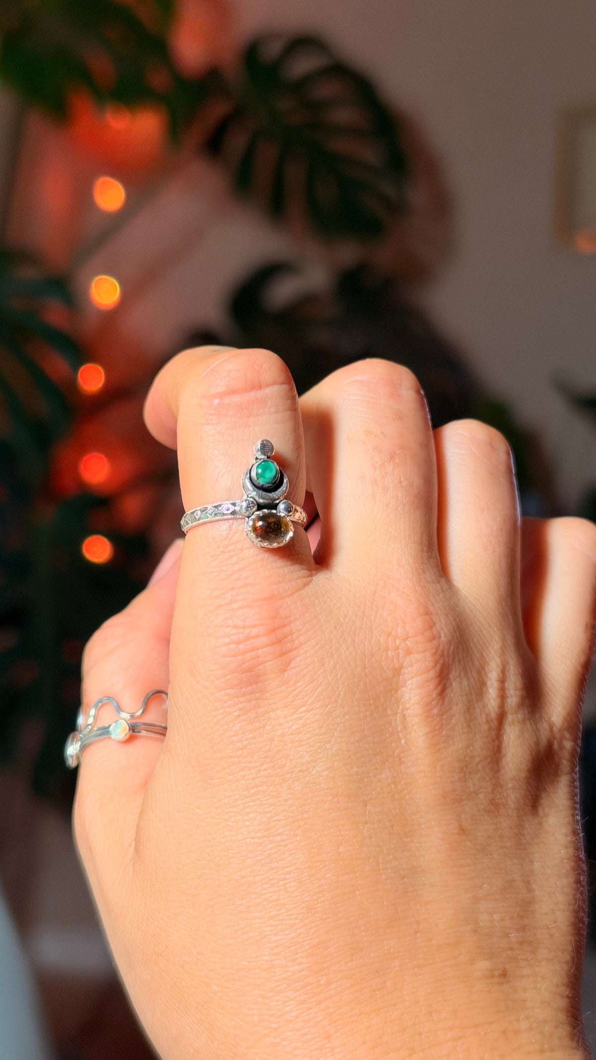Three Faced Goddess Turquoise and Citrine Ring • Moon ring