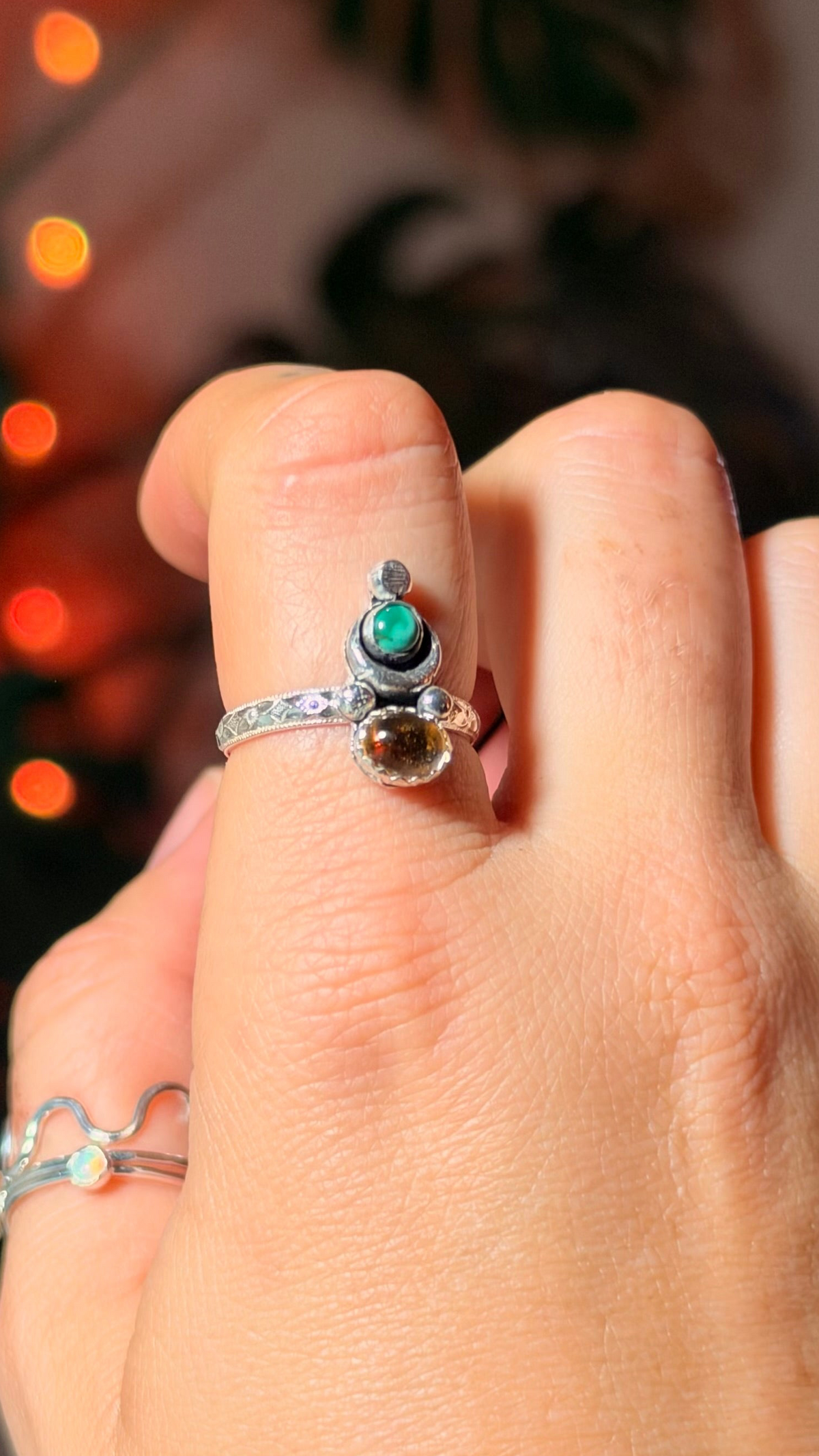 Three Faced Goddess Turquoise and Citrine Ring • Moon ring