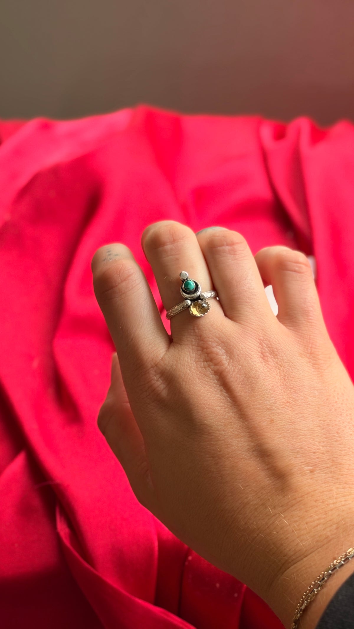 Three Faced Goddess Turquoise and Citrine Ring • Moon ring