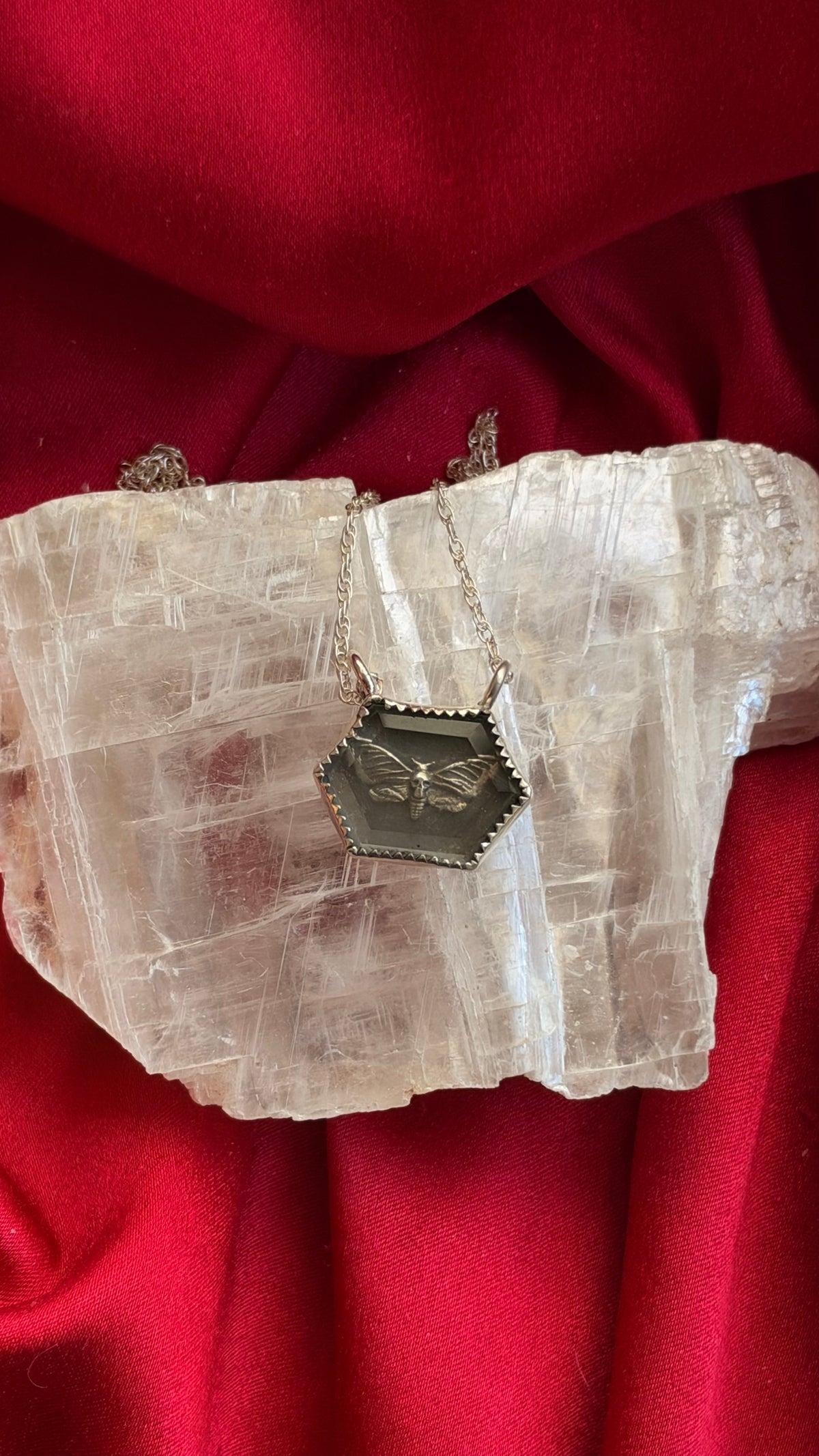 Death Moth Looking Glass Necklace • Silver & Quartz Moth Necklace