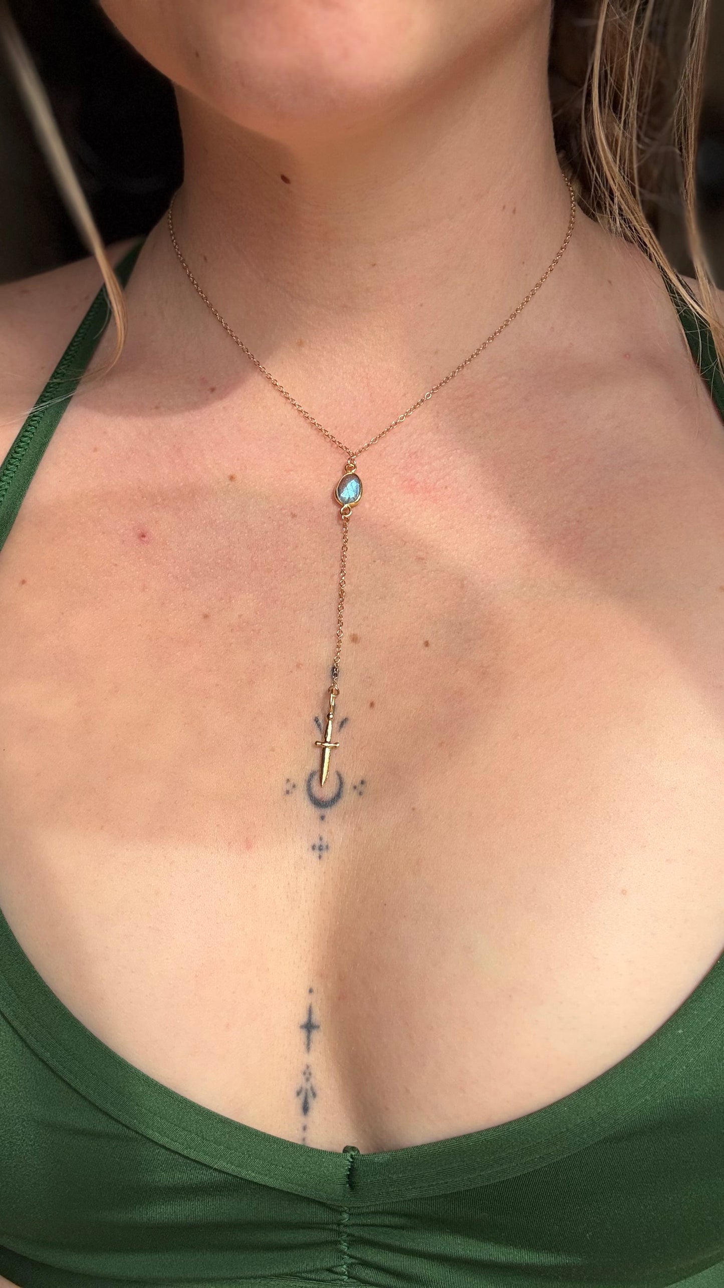 Labradorite Dagger Lariat Necklace in 14k gold fill