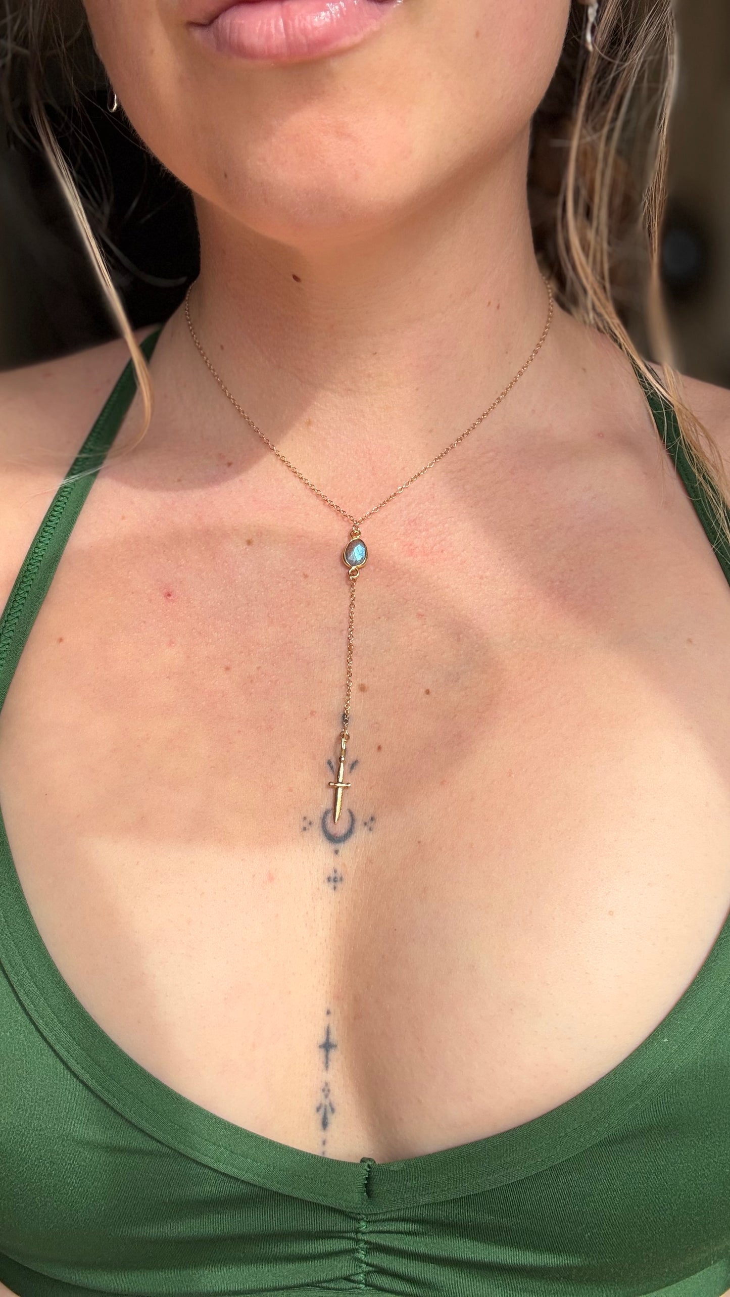 Labradorite Dagger Lariat Necklace in 14k gold fill
