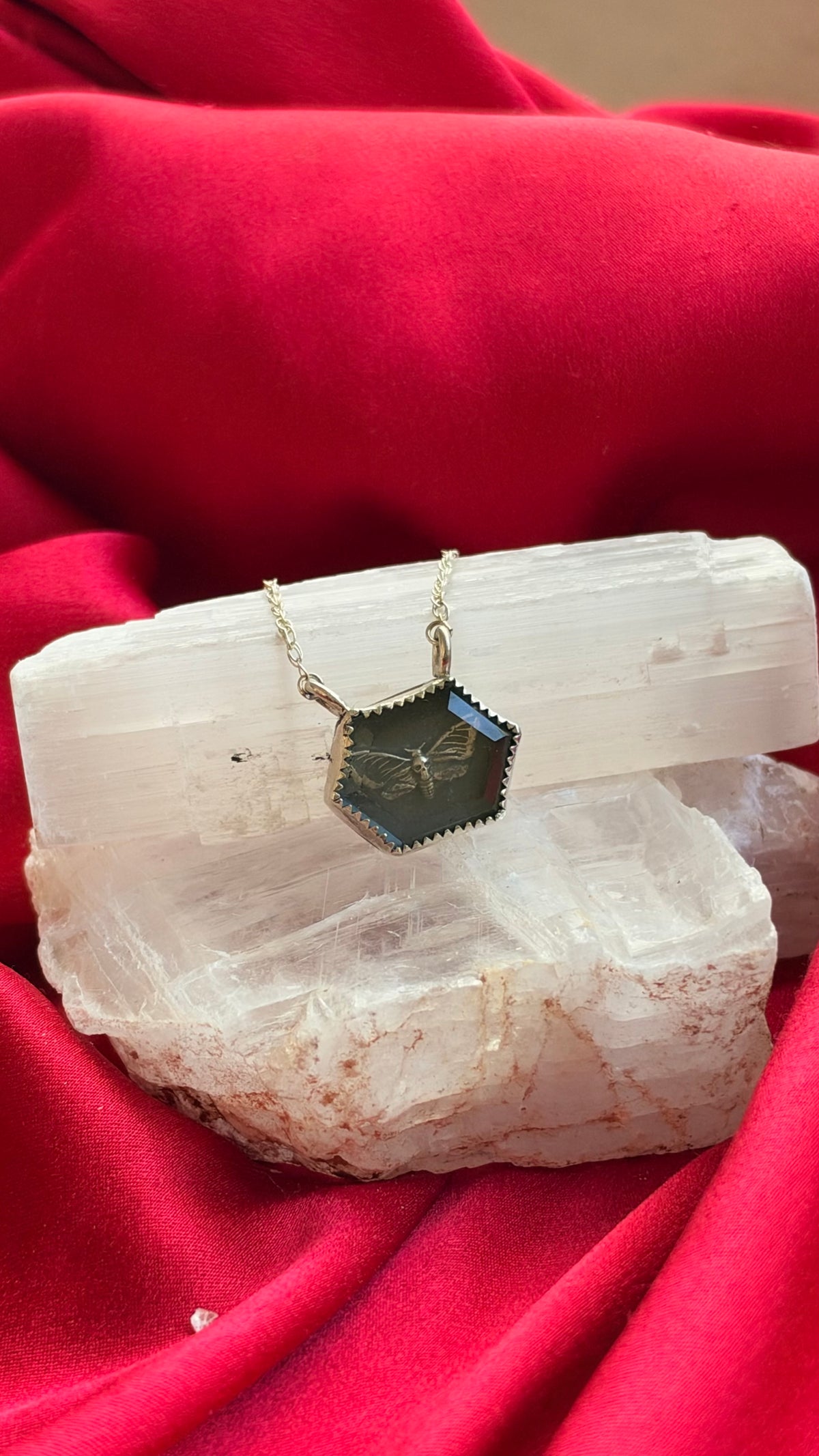 Death Moth Looking Glass Necklace • Silver & Quartz Moth Necklace