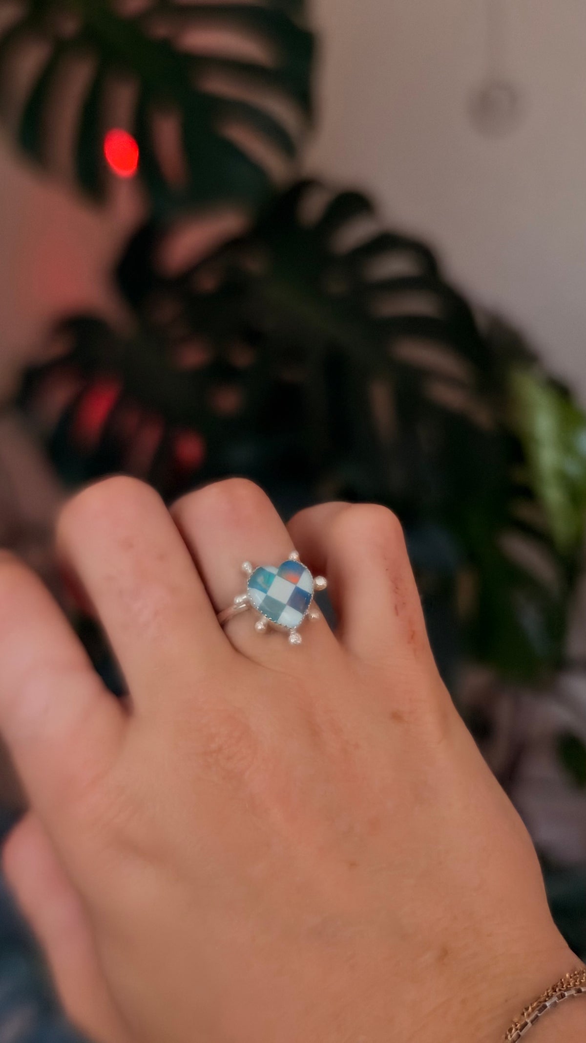Queen of Hearts Ring Opal Checkerboard size 6.5