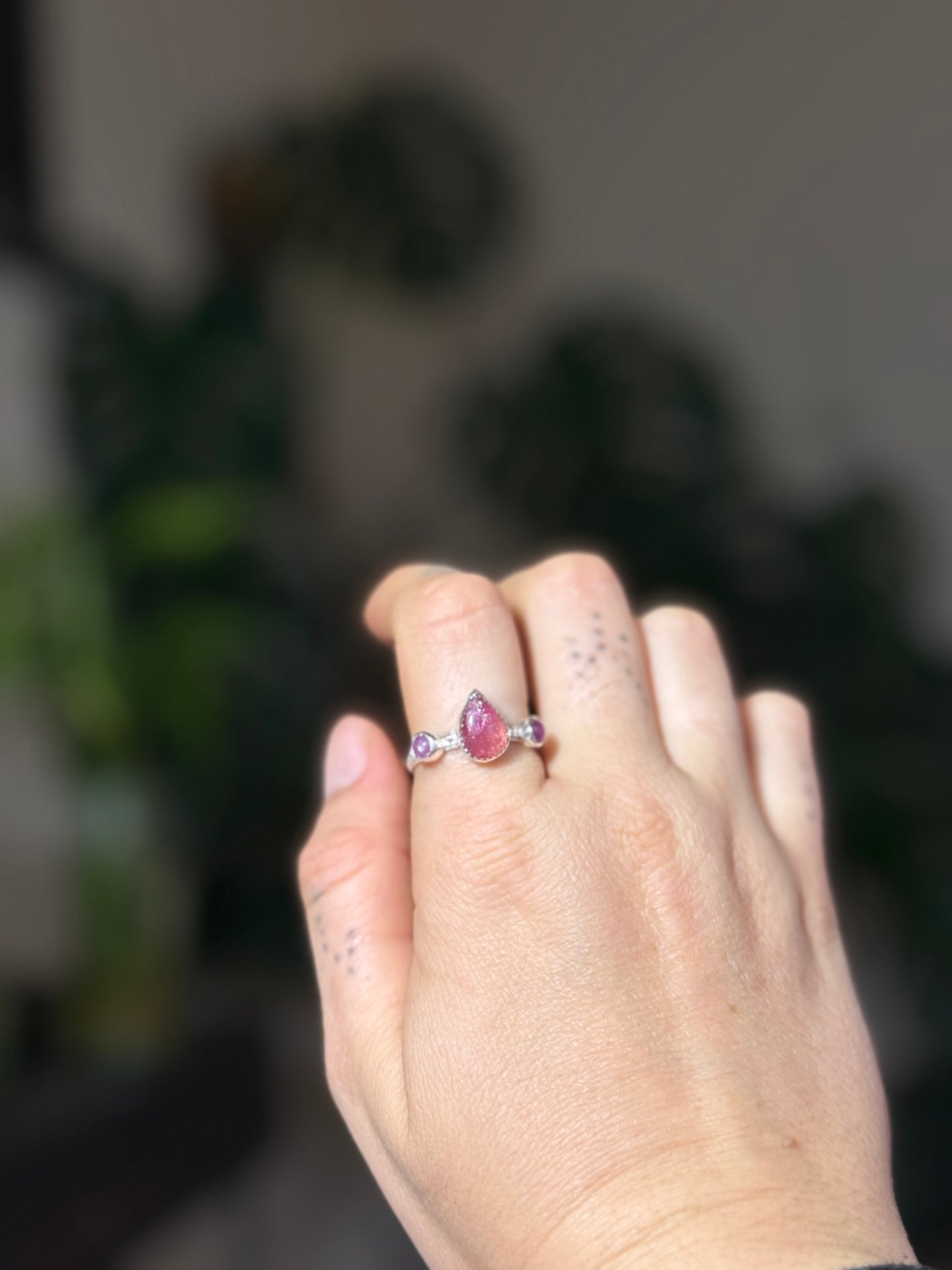 Pink Tourmaline and Ruby Lovers Ring size 10