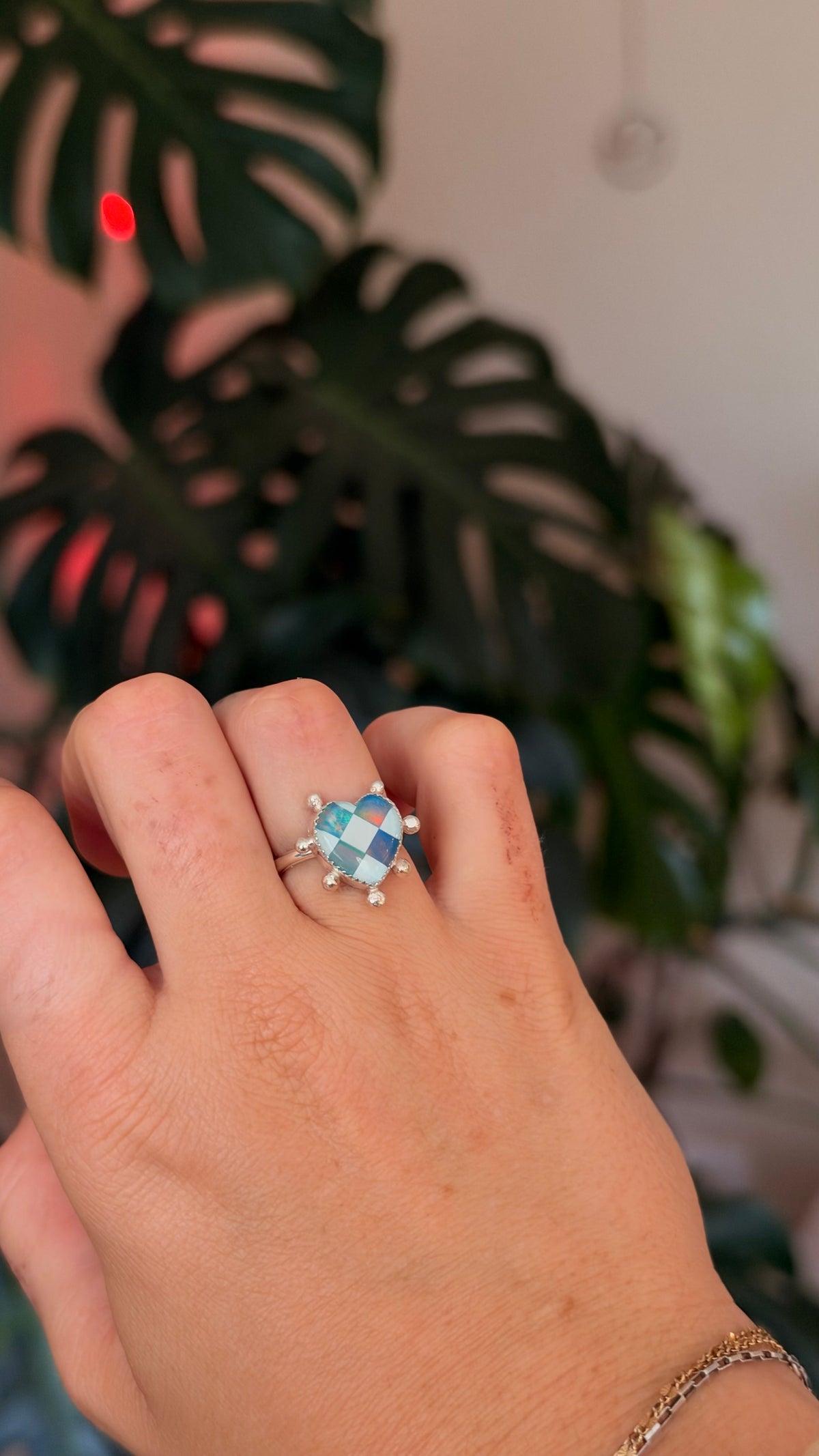 Queen of Hearts Ring Opal Checkerboard size 6.5