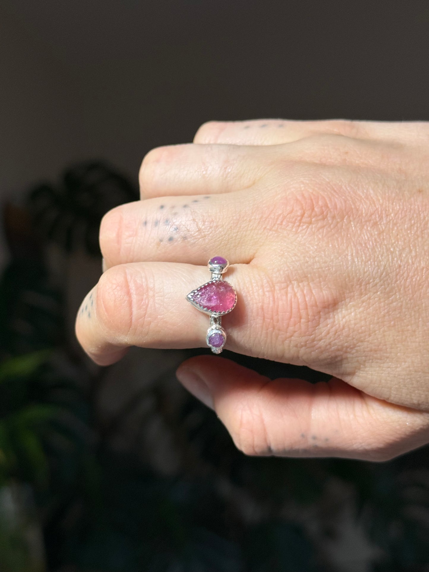 Pink Tourmaline and Ruby Lovers Ring size 10
