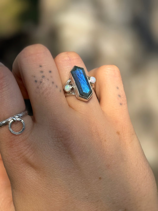 Aurora Labradorite + Opal Ring size 6.5