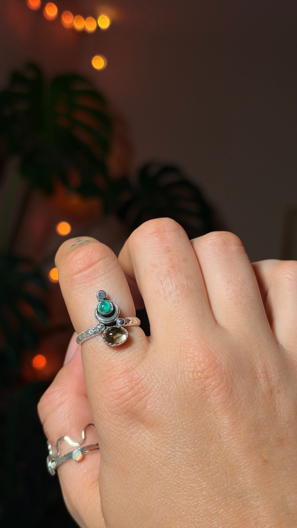 Three Faced Goddess Turquoise and Citrine Ring • Moon ring
