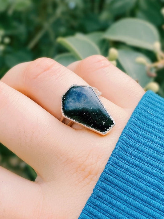 The Coffin Ring • Pyrite Black Tourmaline Tigers Eye Labradorite Agate • Sterling silver Halloween ring