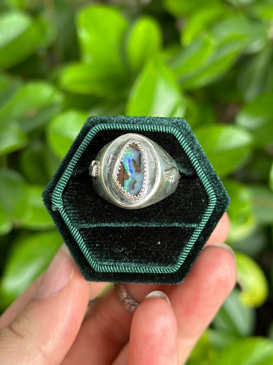 Lightning Ridge Australian Opal Unisex Signet Ring size 11 • Sterling Silver Opal Ring