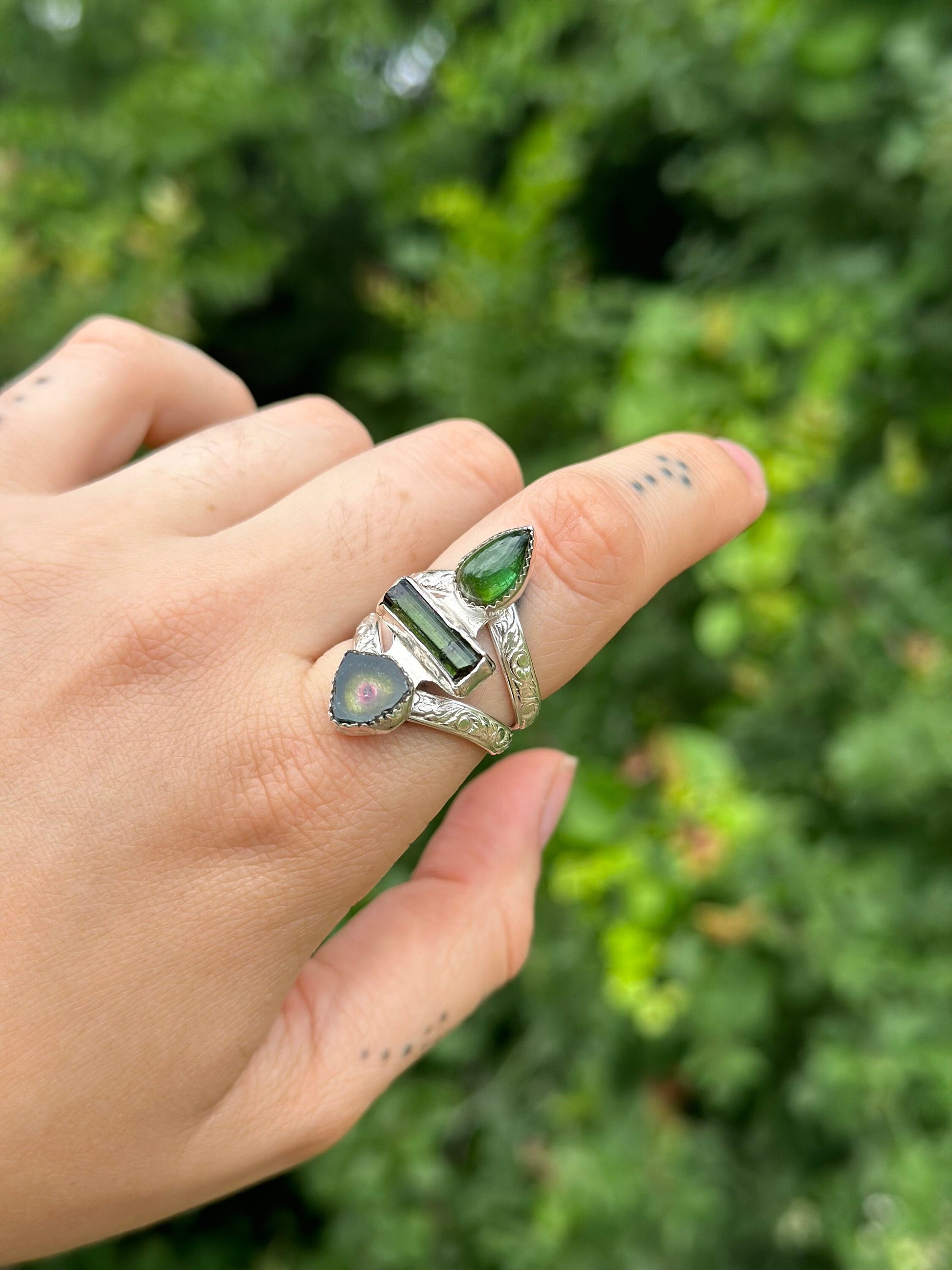 The Green Goddess Ring • watermelon and green tourmaline sterling silver ring size 8.5