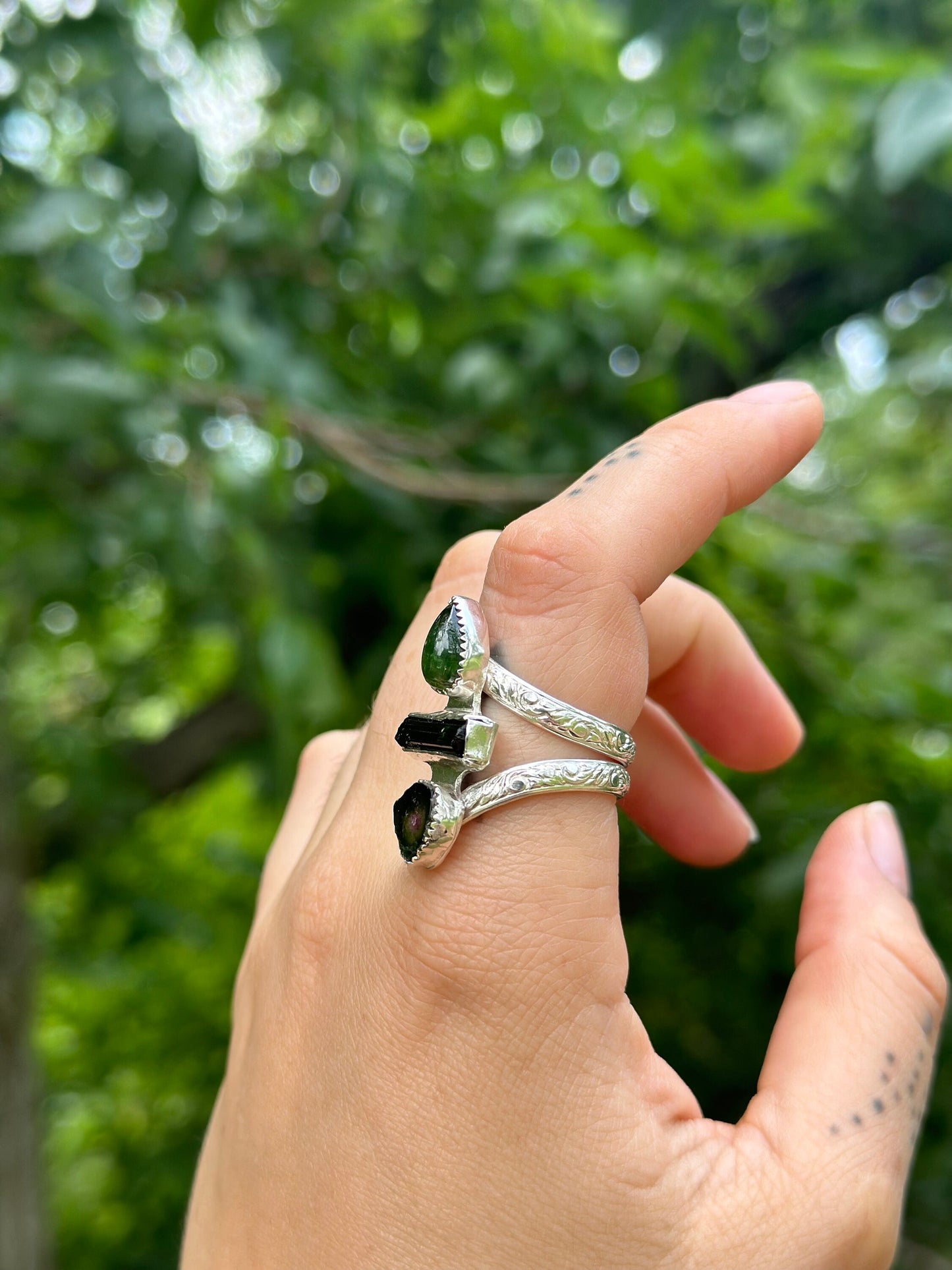 The Green Goddess Ring • watermelon and green tourmaline sterling silver ring size 8.5