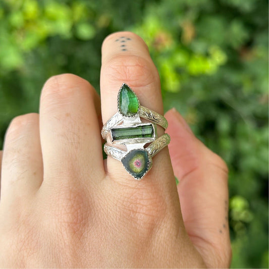 The Green Goddess Ring • watermelon and green tourmaline sterling silver ring size 8.5