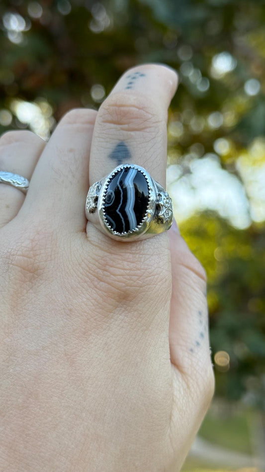 The Weavers Ring• Botswana Agate size 11 sterling silver men’s signet ring