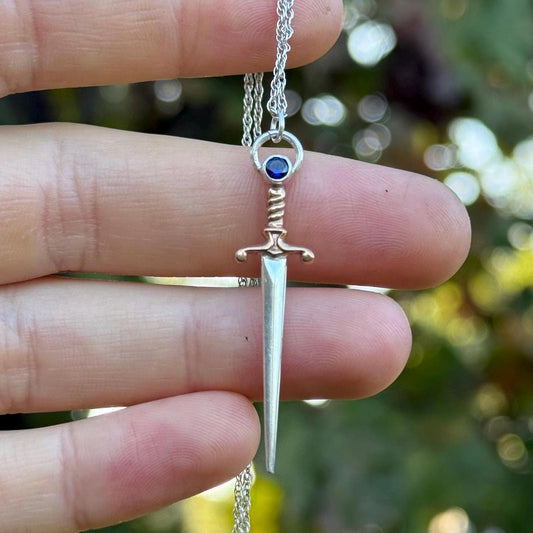 Goldryn, Aelins Sword Necklace in sterling and gold with sapphire