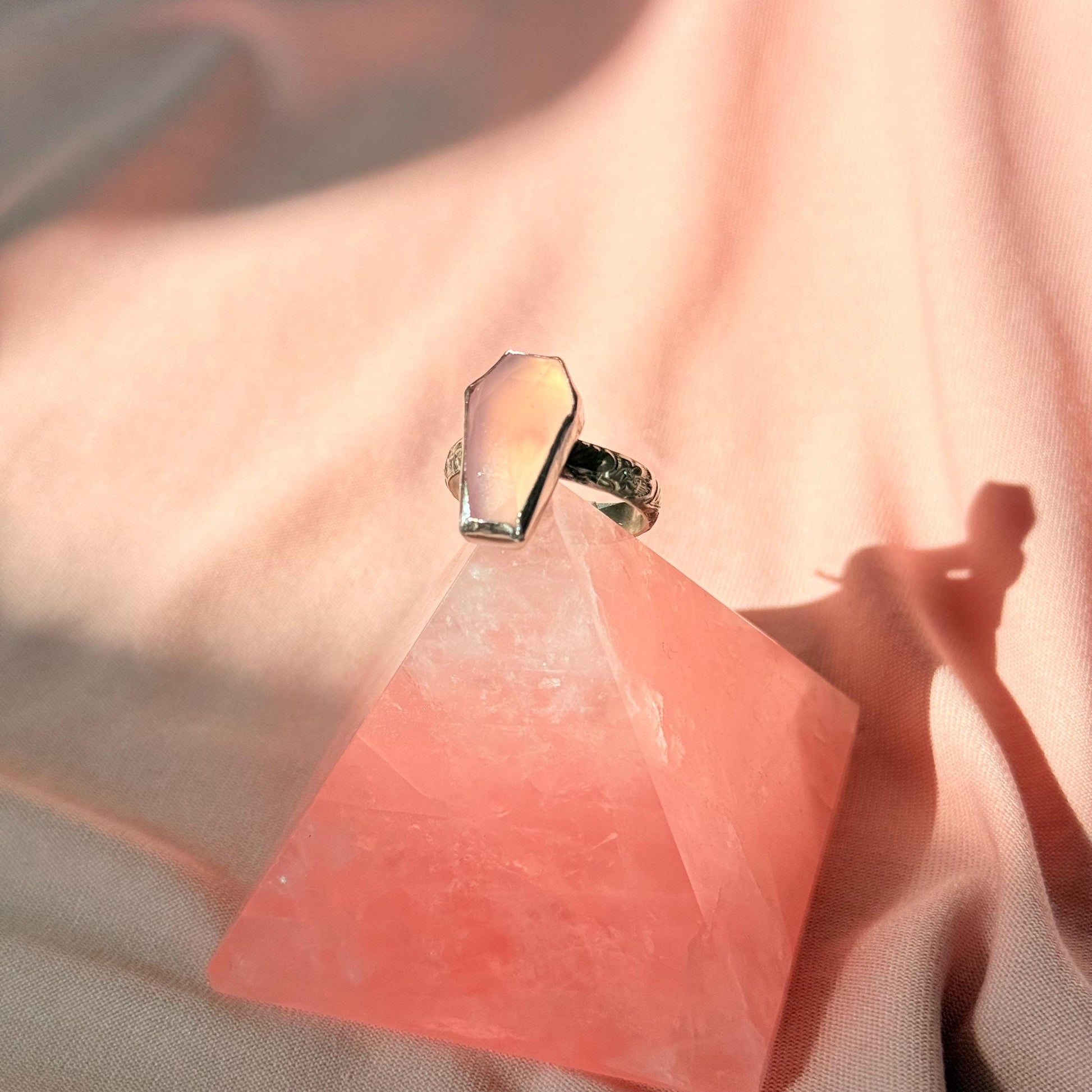 Till Death Do Us Part Coffin Ring in Rose Quartz size 8