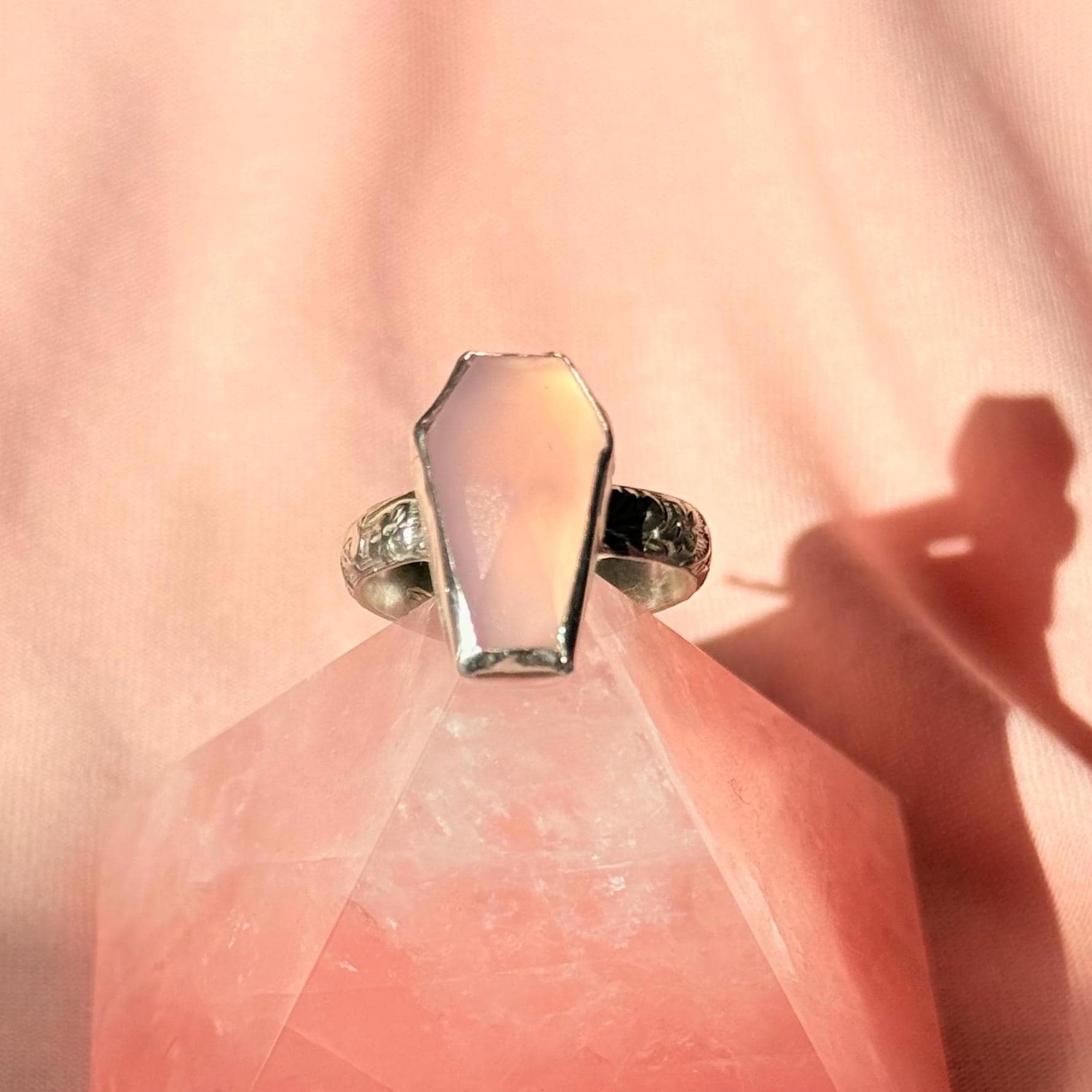 Till Death Do Us Part Coffin Ring in Rose Quartz size 8