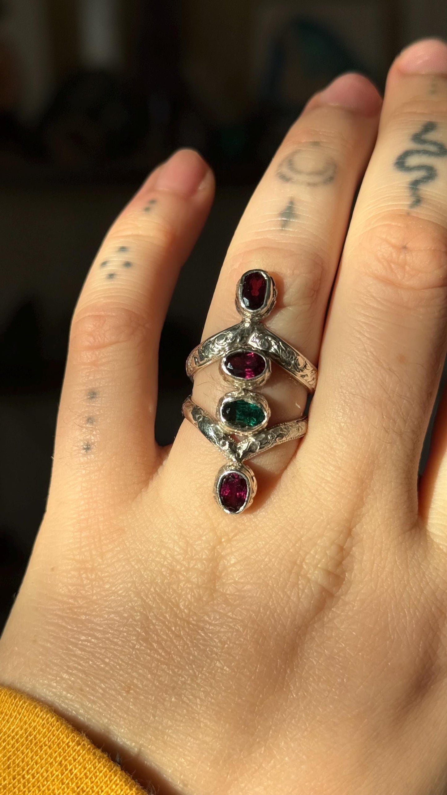 Synergetic- A Emerald and Rhodolite Garnet Duo Ring size 7