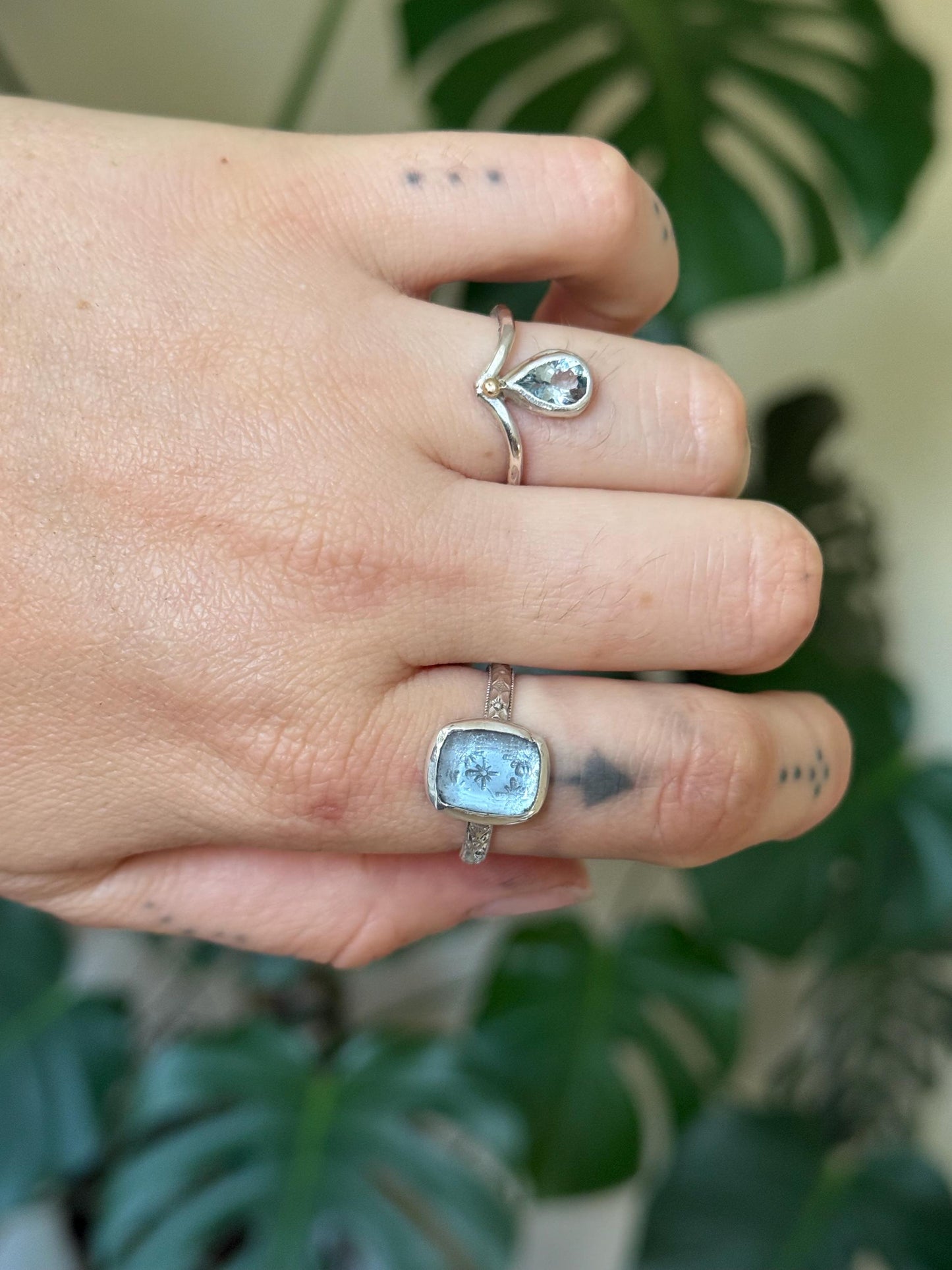 Aquamarine V Ring with 14k gold and silver size 6