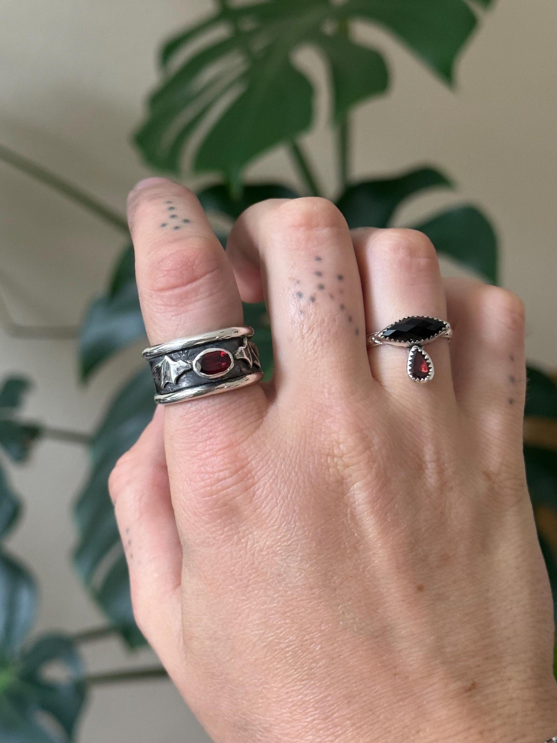 Onyx and Garnet Tears Ring size 6.5