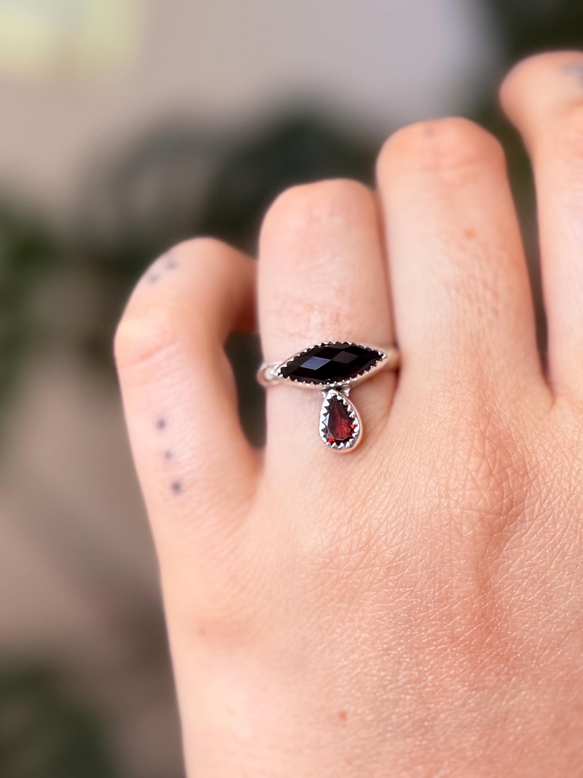 Onyx and Garnet Tears Ring size 6.5