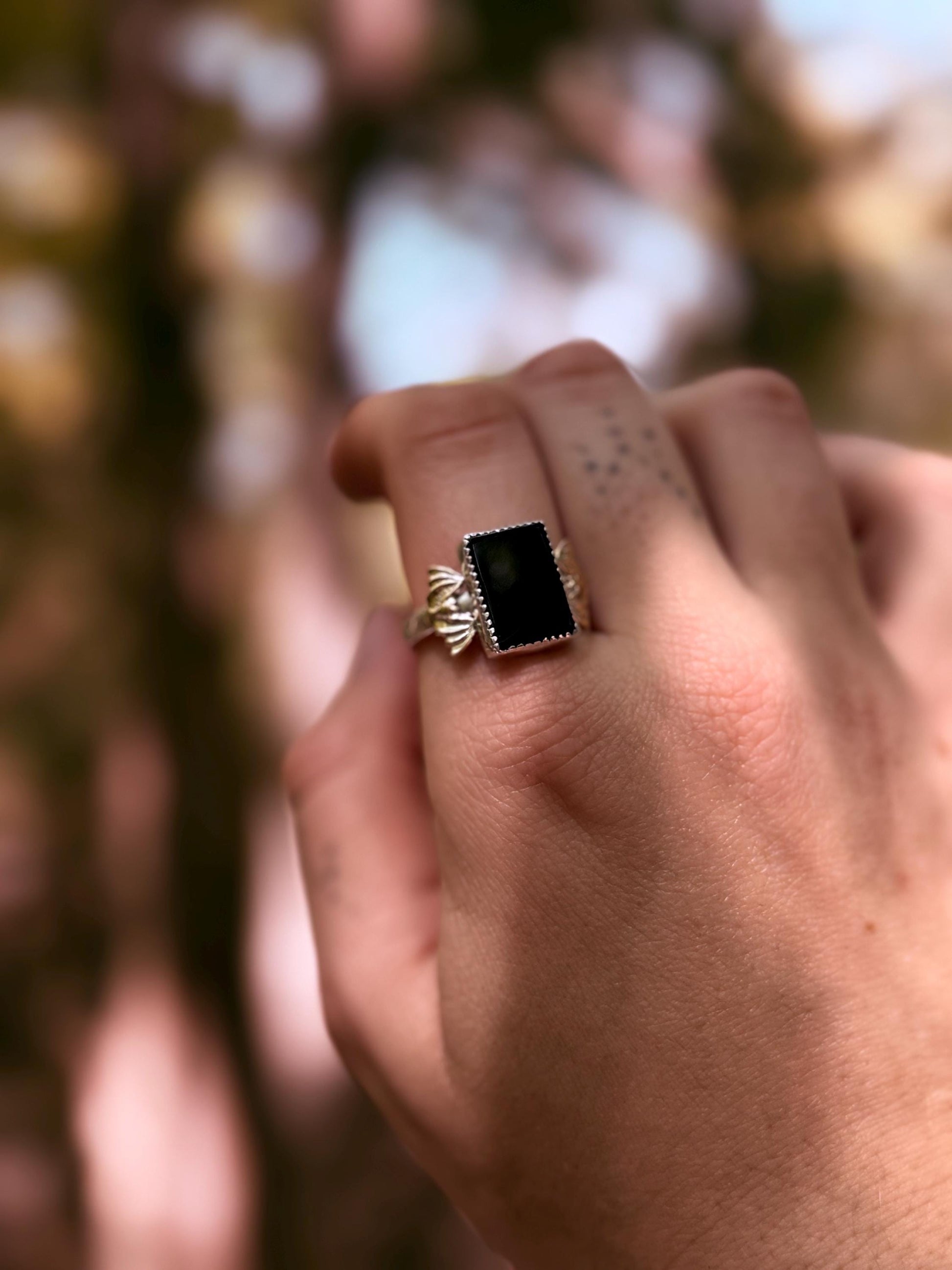 The Vamp Ring - Onyx mixed metal bat ring size 10