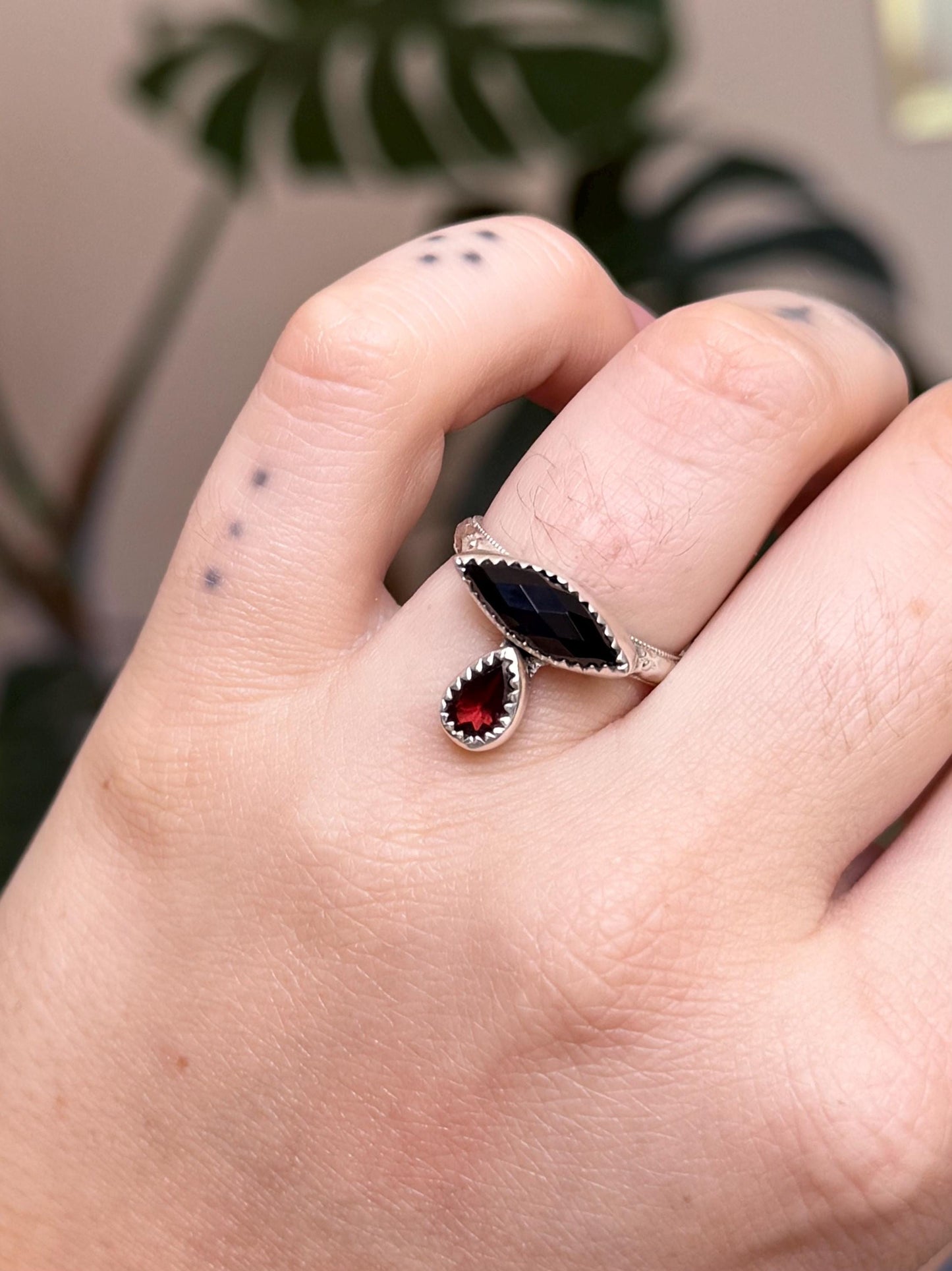 Onyx and Garnet Tears Ring size 6.5