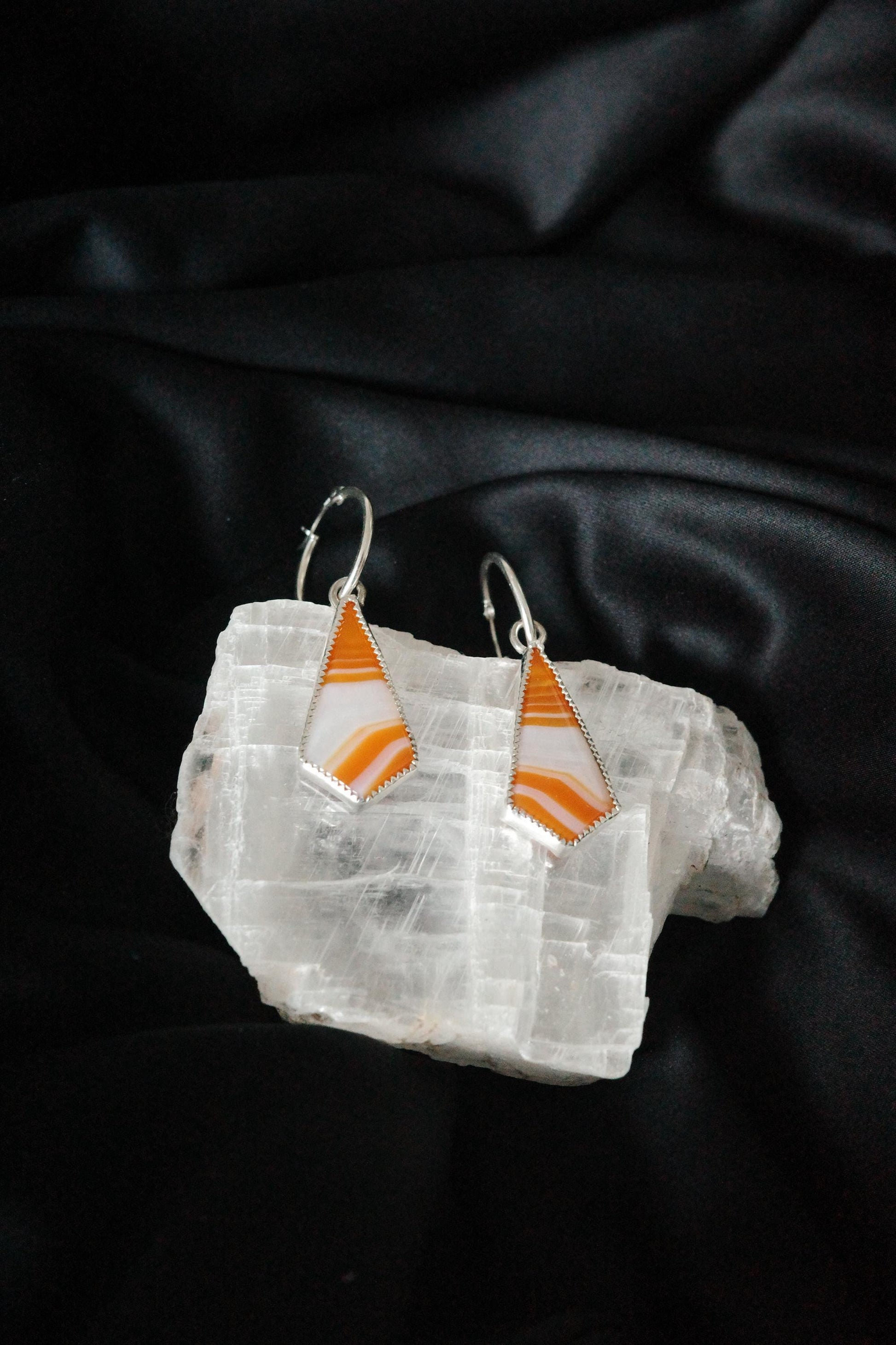 Candy Corn Agate Hoops in Silver