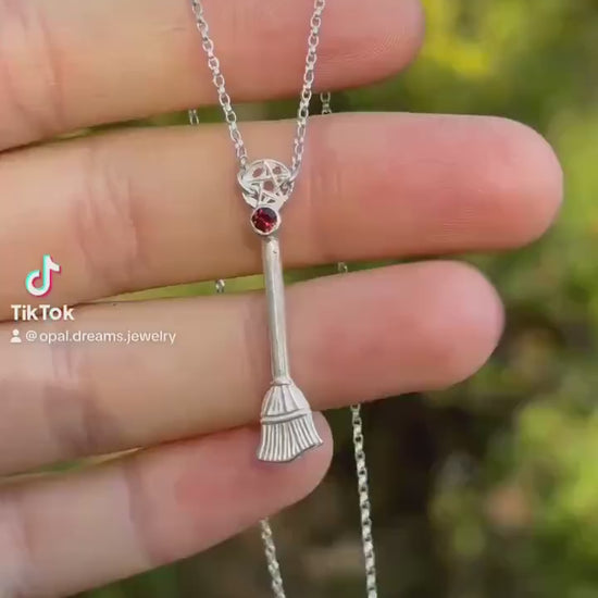 Manons Broom necklace • Crochan Witches Broom in sterling silver and garnet