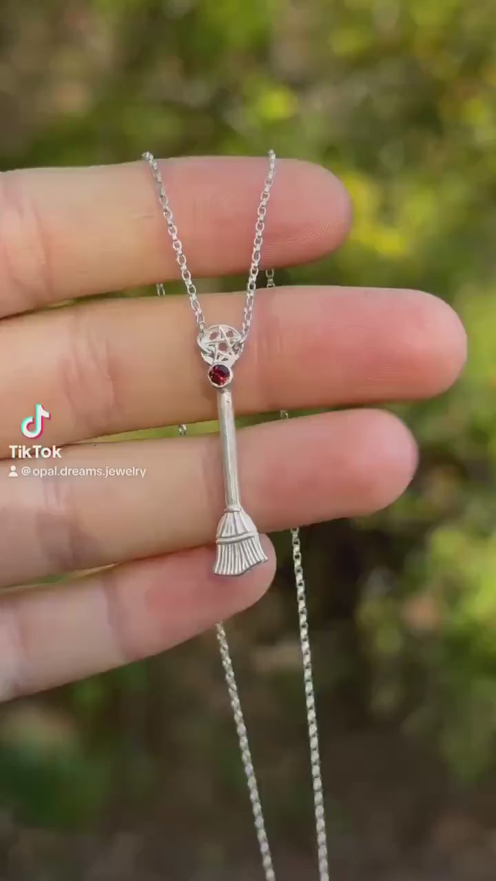 Manons Broom necklace • Crochan Witches Broom in sterling silver and garnet