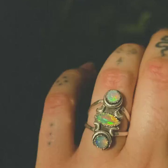 Three Faced Goddess Opal Ring size 6.5 • Welo Opal • Opal Moon ring